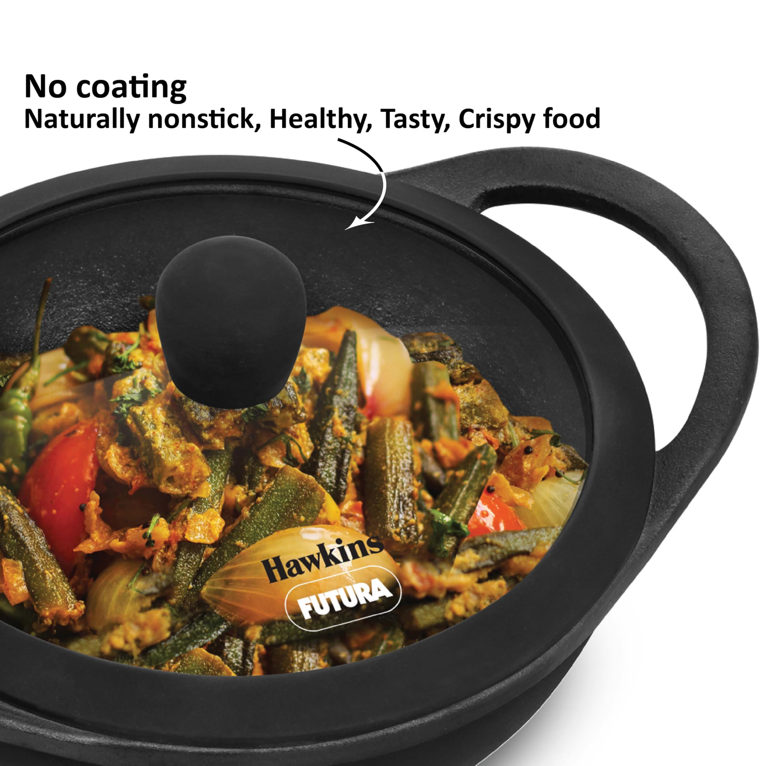 Hawkins Futura 1.5 Litre Cast Iron Kadhai, Naturally Nonstick Cast Iron Kadai with Glass Lid, Cast Iron Cookware for Kitchen, Black (CIK15G)