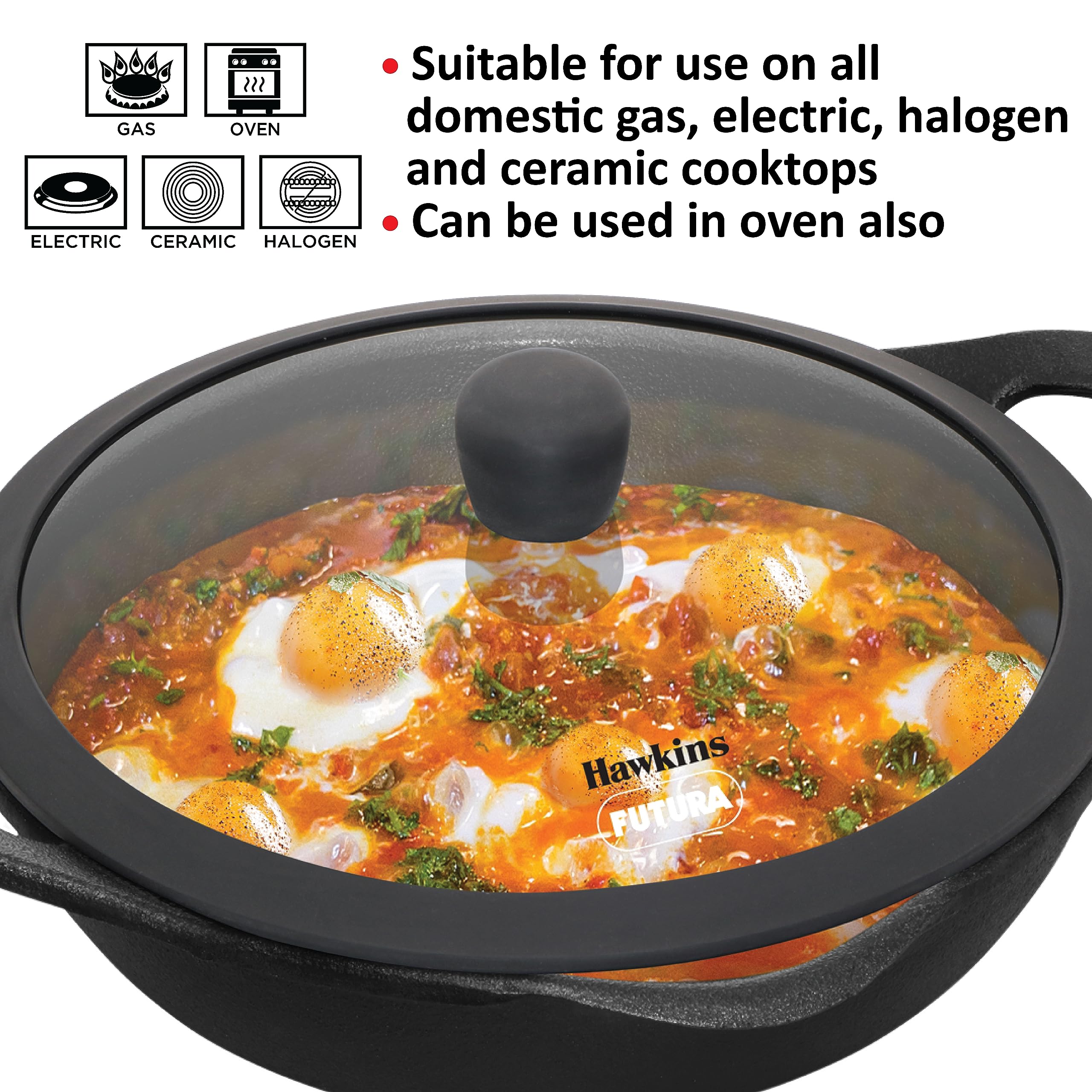 Hawkins Futura Cast Iron Frying Pan, 24 Cm Diameter, Cast Iron Skillet, Omlette Pan, Iron Frypan (Cif24G), Black