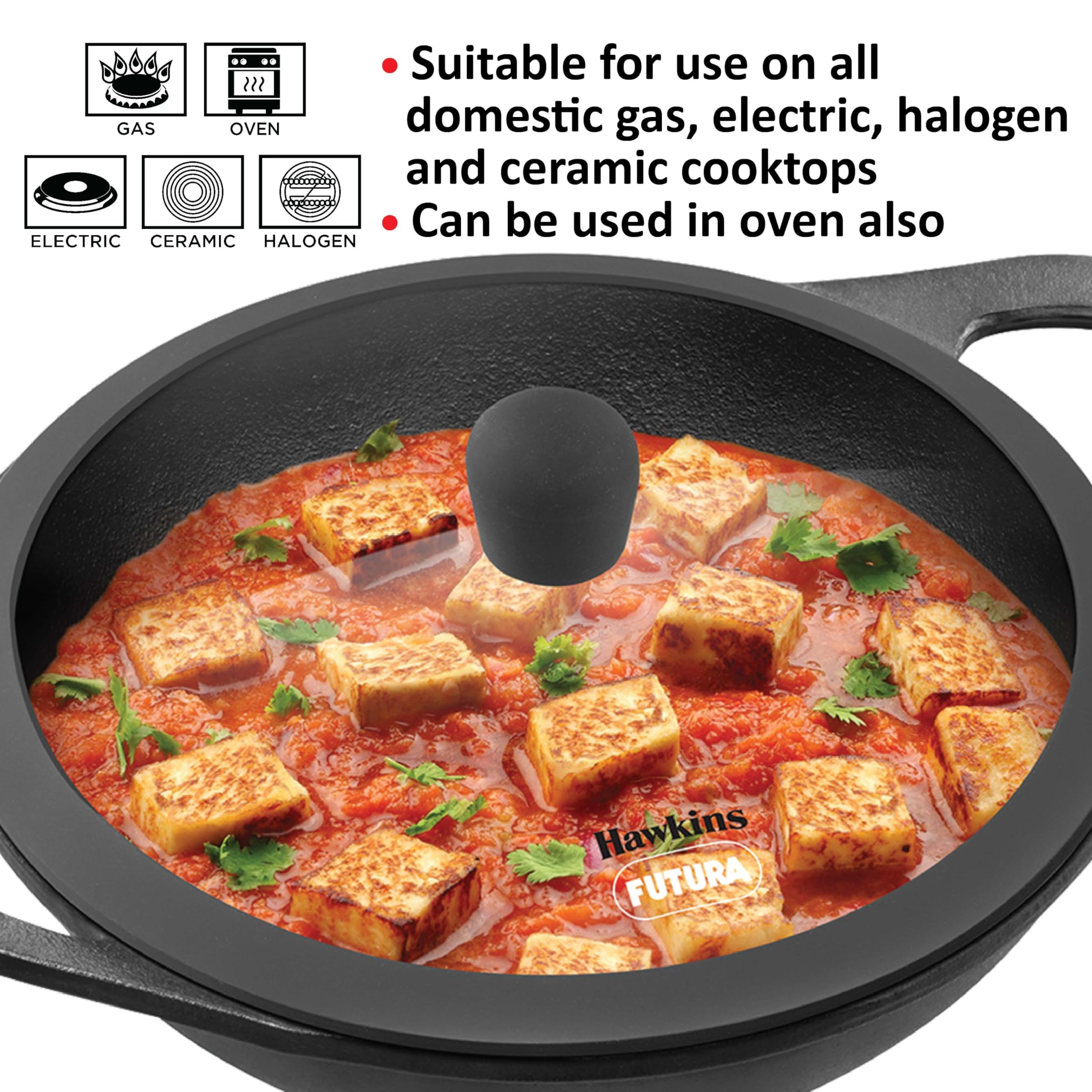 Hawkins Futura 1.5 Litre Cast Iron Kadhai, Naturally Nonstick Cast Iron Kadai with Glass Lid, Cast Iron Cookware for Kitchen, Black (CIK15G)