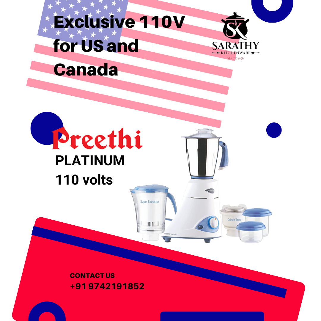 PREETHI PLATINUM MG-153 550-WATT MIXER GRINDER (WHITE/BLUE) 110 VOLTS FOR USE IN USA AND CANADA ONLY