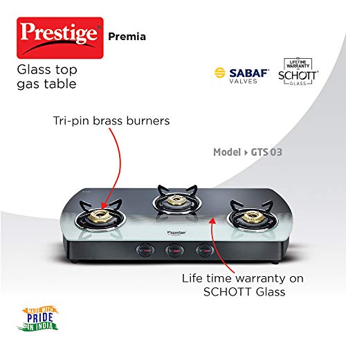 Prestige Premia Schott Glass 3 Burner Gas Stove, Manual Ignition, Black and White