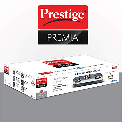 Prestige Premia Schott Glass 3 Burner Gas Stove, Manual Ignition, Black and White