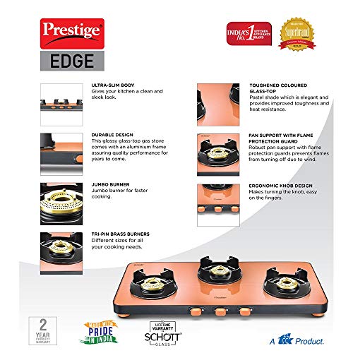 Prestige Edge Schott Glass 3 Burner Gas Stove, Manual Ignition, Pastel