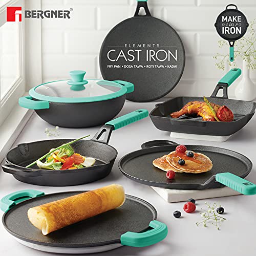 BERGNER Elements Pre-Seasoned Cast Iron Kadai with Glass Lid, 23 cm, 2 litres, Induction Friendly, Black