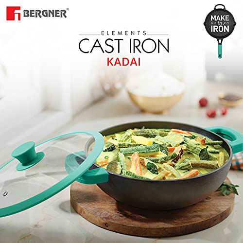 Bergner Elements Pre-Seasoned Cast Iron Kadai with Glass Lid, 25 cm, 2.4 Litres, Induction Friendly, Black