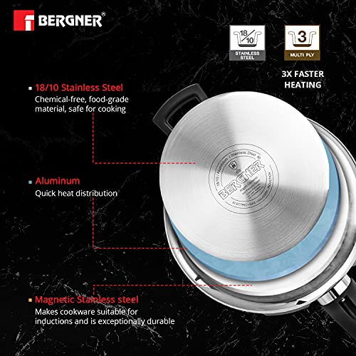 Bergner Argent Elements Tri-ply Stainless Steel Unpressure Cooker With Outer Lid (2.5 Ltrs., Silver)