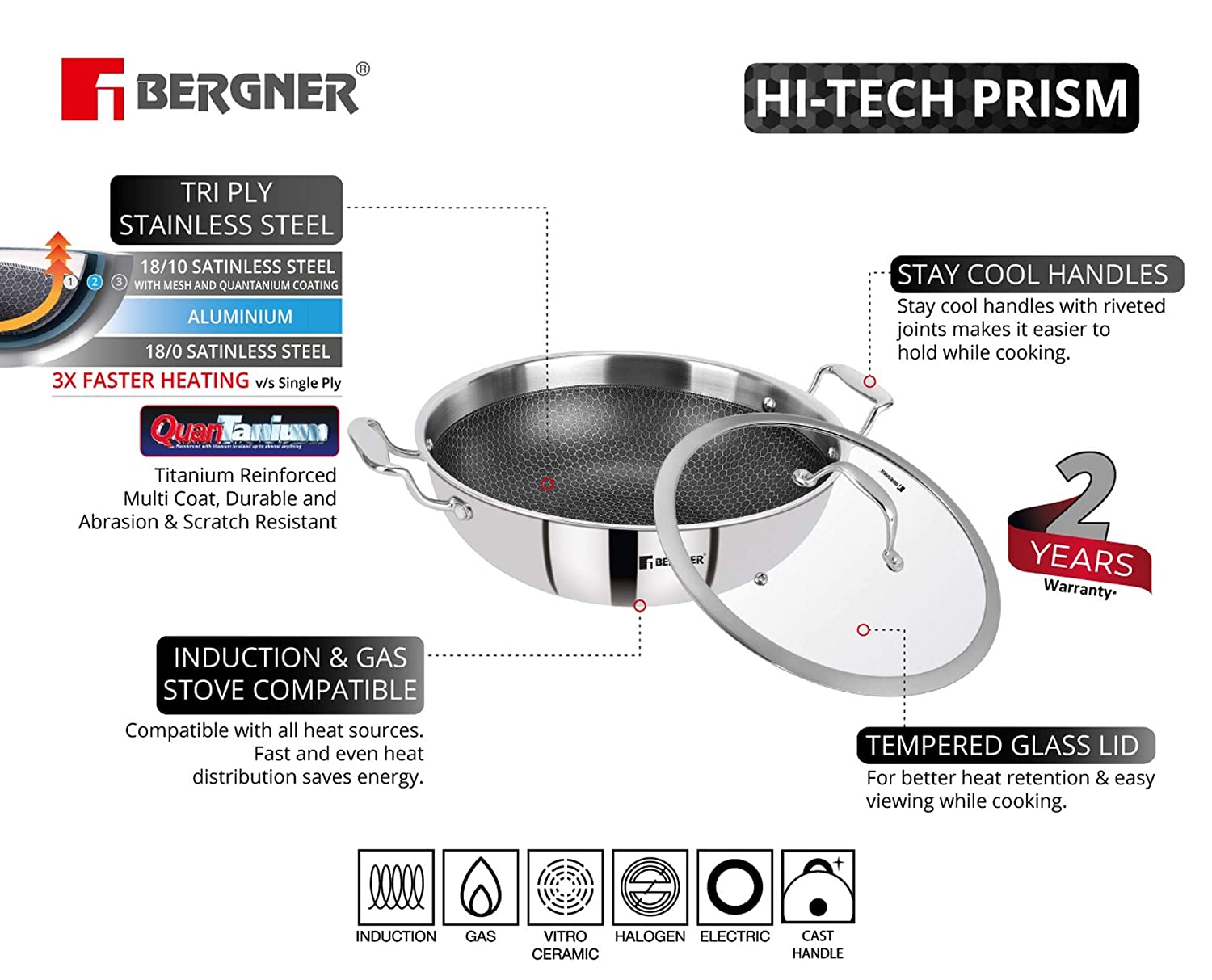 BERGNER Hi-Tech Non-Stick Stainless Steel Kadai with Glass Lid