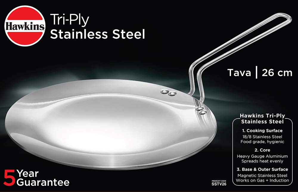 Hawkins Tri-Ply Stainless Steel Induction Compatible Tava, Diameter 26 cm, Thickness 3.5 mm, Silver (SSTV26)